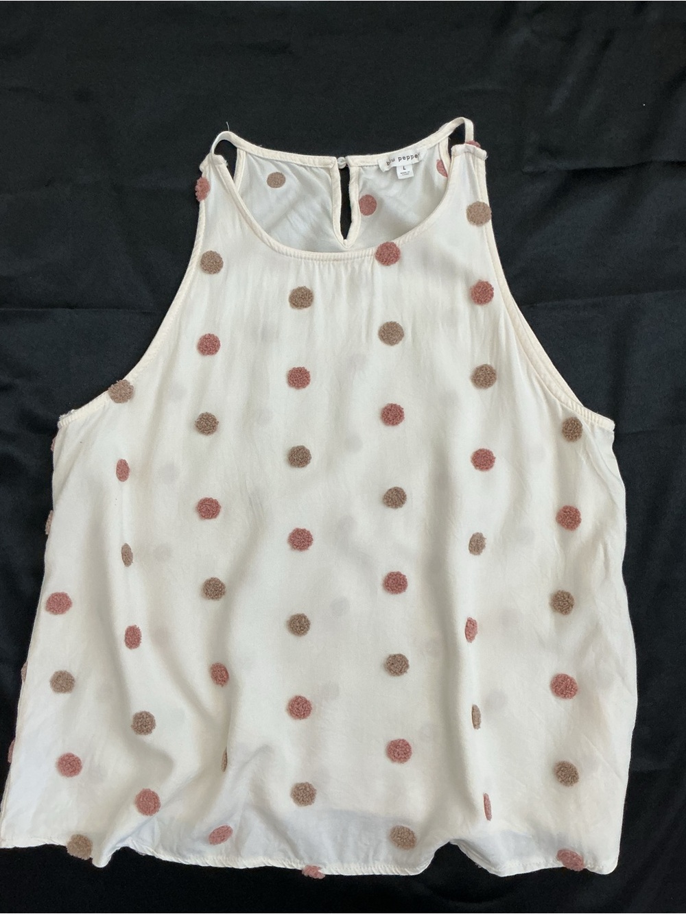 Blu Pepper Cream Textured Polka Dot Tank Top Large 100% Rayon